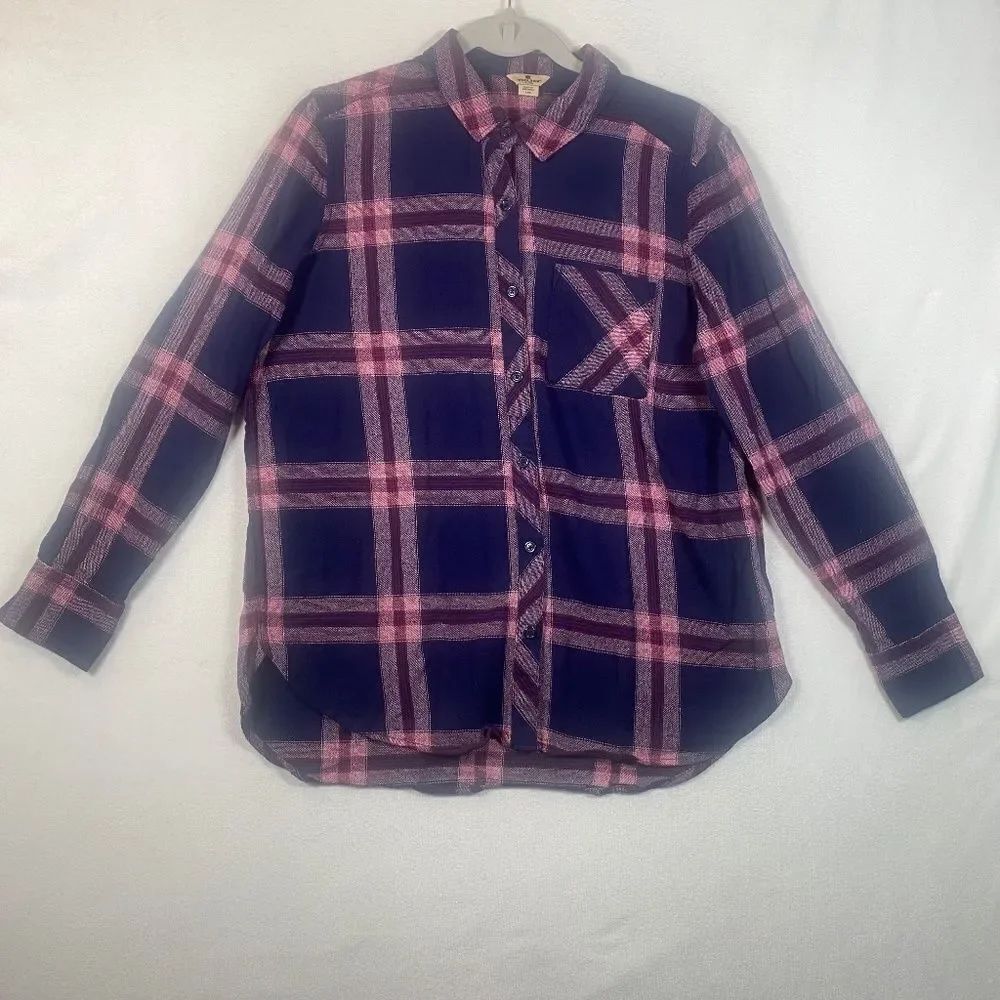 Woolrich Plaid Button Down Shirt L Long Sleeve Cotton Navy Pink Check